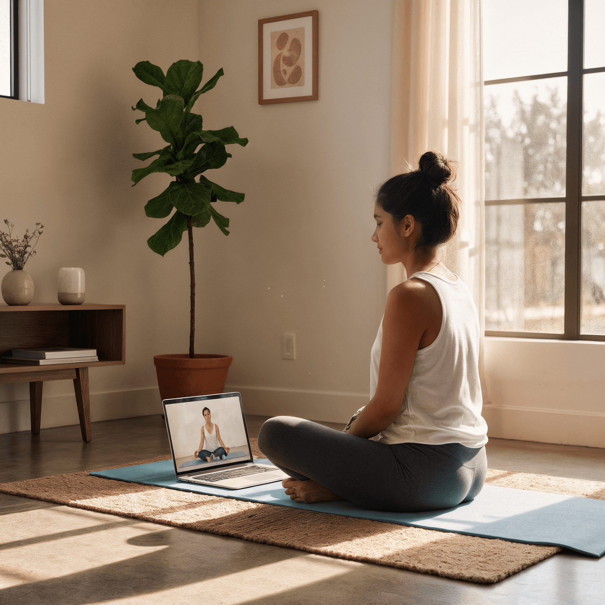 Woman practicing yoga at home with online guidance
